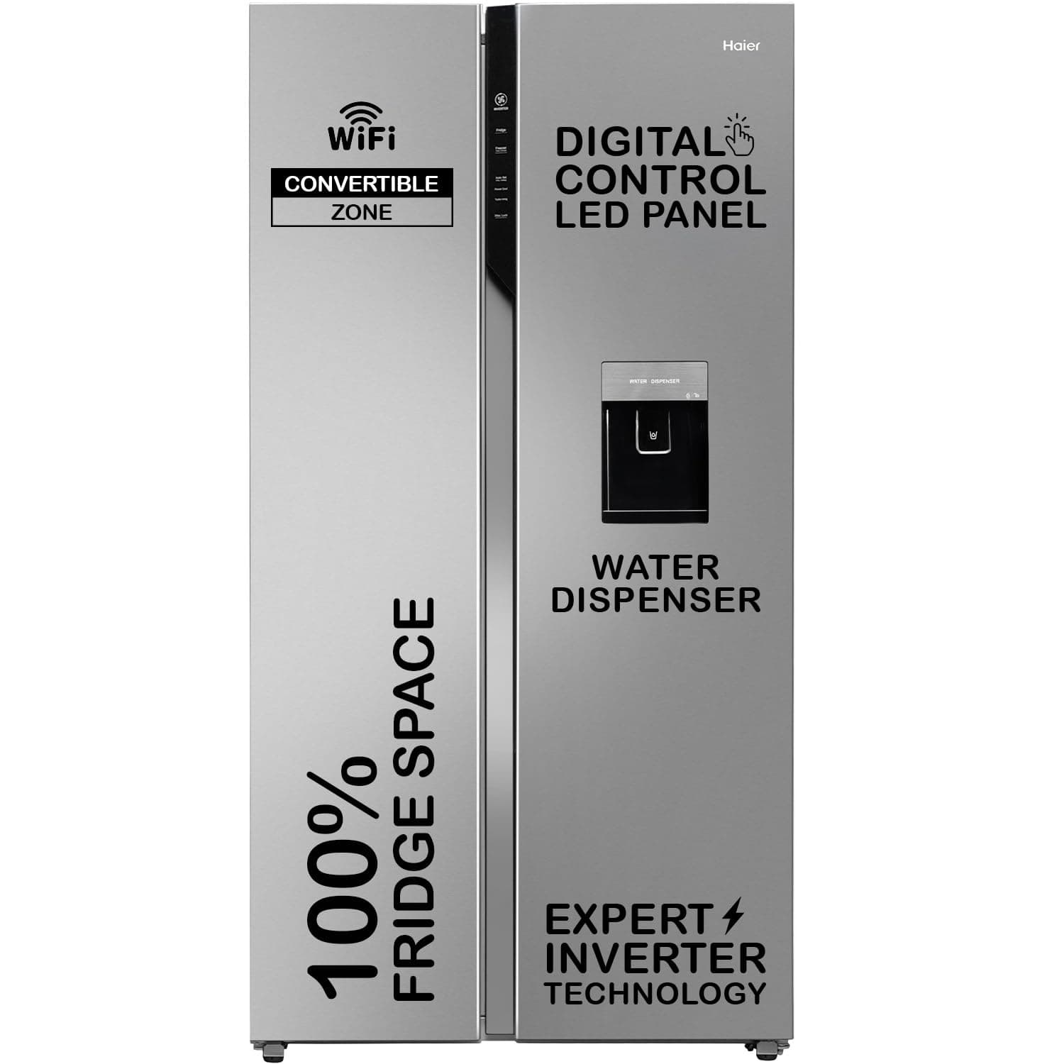 Haier 596 L 3 Star Frost Free Expert Inverter Smart Sense AI enabled 2-Door Side by Side Refrigerator (HRS-682SWDU1, Shiny Silver, Magic Convertible, In-built Water Dispenser