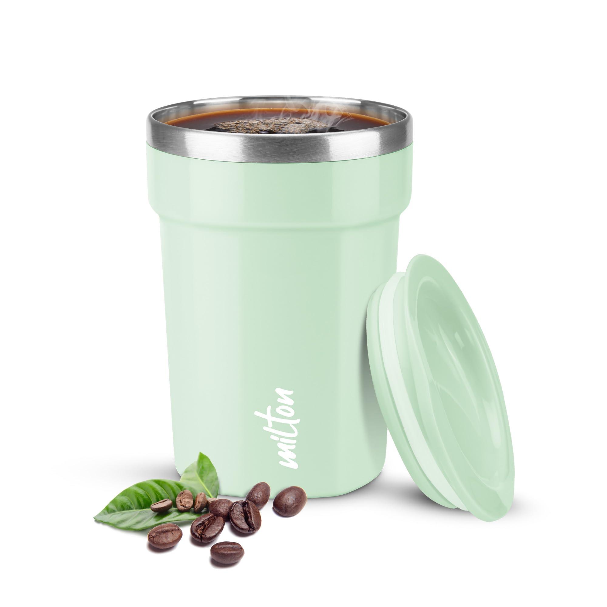 MILTON Cool Touch Deccan Coffee Mug 350 Double Walled 330 ml Inner Stainless Steel Tea Mug with Lid, Coffee Mug Travel Tea Cup, Black Coffee, Tea Cup Single, Aqua Green