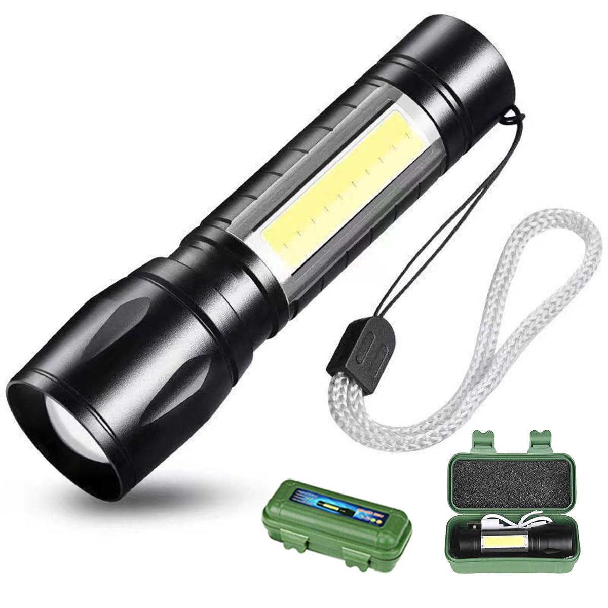 DOTCOM LED Emergency Handheld Flashlight USB Rechargeable Flashlight 3 Modes Adjustable Focus,Portable Waterproof LED Flashlight with COB Side Lights,Best Tactical Torch for Hurricane (1pack)
