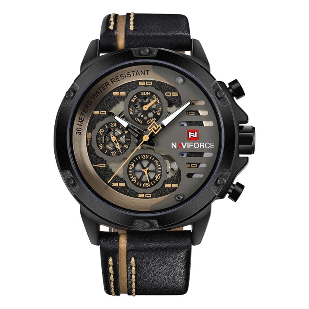 NAVIFORCE Military Sport Waterproof Analog Quartz Leather Date Calendar Clock Men's Casual Wrist Watch,Dial-Multicolor, Band- Multicolor