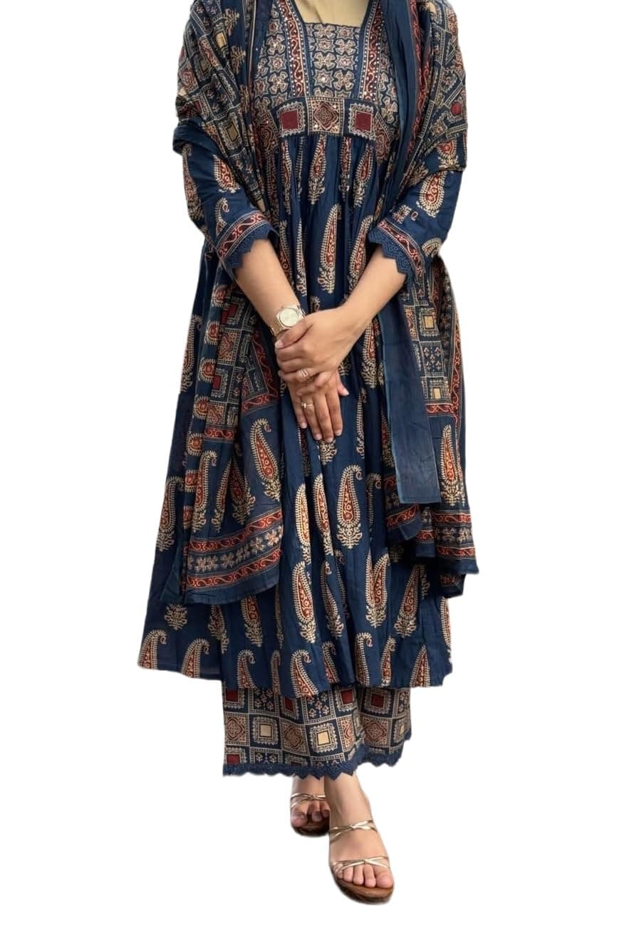 Nermosa Women's Printed Anarkali Kurta Palazzo Set with Dupatta