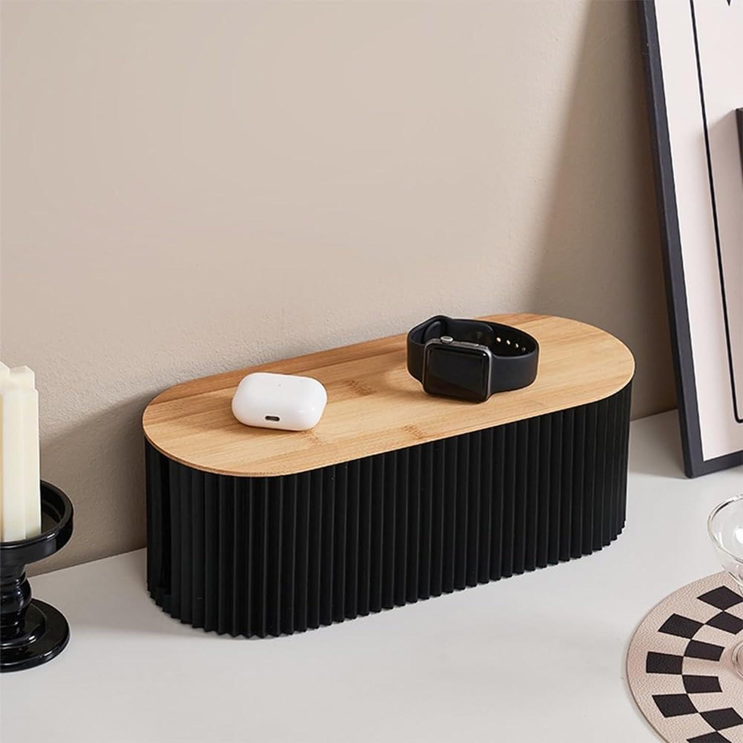 Soko Cable Management Box with Bamboo Lid | Cords Hider & Surge Protector | Concealer for Power Strips, Router, TV, Gadget Wires Storage Organiser Tray for Desk, Table - Home, Office - Black