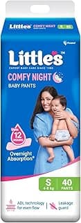 Little's Baby Diapers S Size (Small) Pants Style | 4-8 kg | 40 Count | Comfy Nights Baby Diaper Pants with Leakage Guard & Upto 12 Hours Absorption (40 Count, Pack of 1)