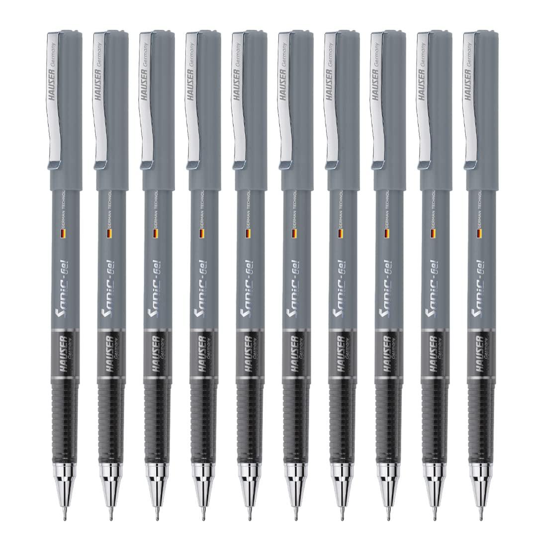 Hauser Sonic 0.55mm Gel Pen Box | Attractive Foiled Body | Stylish Metal Clip | Refillable & Waterproof Gel Ink | German Technology For Smooth & Effortless Writing | Black Ink, Set of 10 Gel Pens