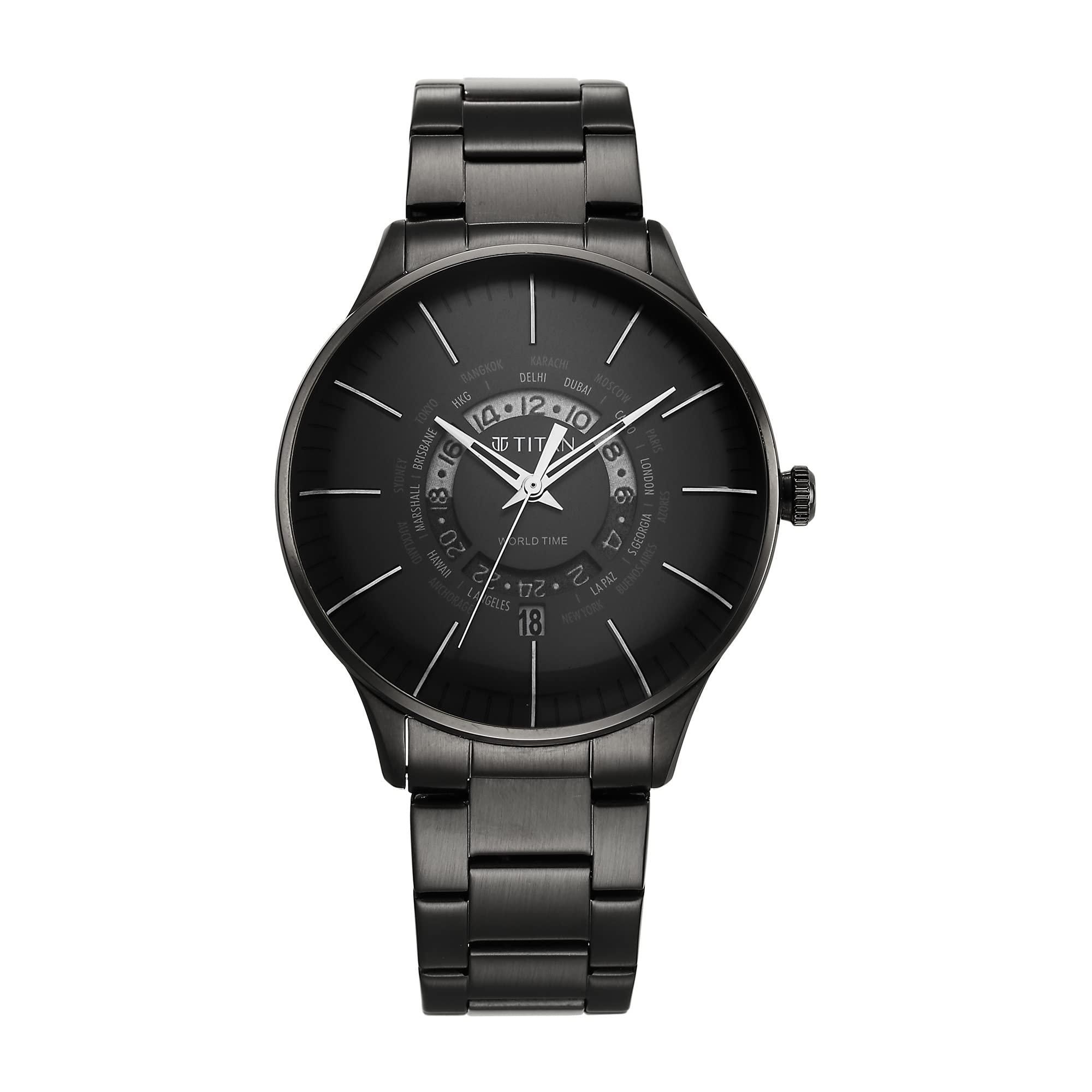 Titan Quartz World Time with Date Black Dial Black Stainless Steel Strap Watch for Men - NT90145NM01