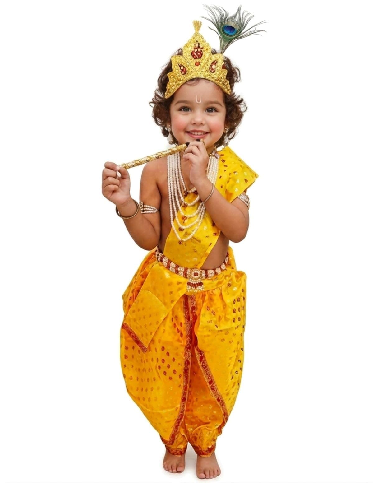 BookMyCostume Krishna Yellow Polka Dot Costume Dhoti Patka with Heavy Pearl Jewellery and Mukut Set - Janmashtami Dress Costume for Baby Kanha - Boys & Girls 5-6 Years,Polyester