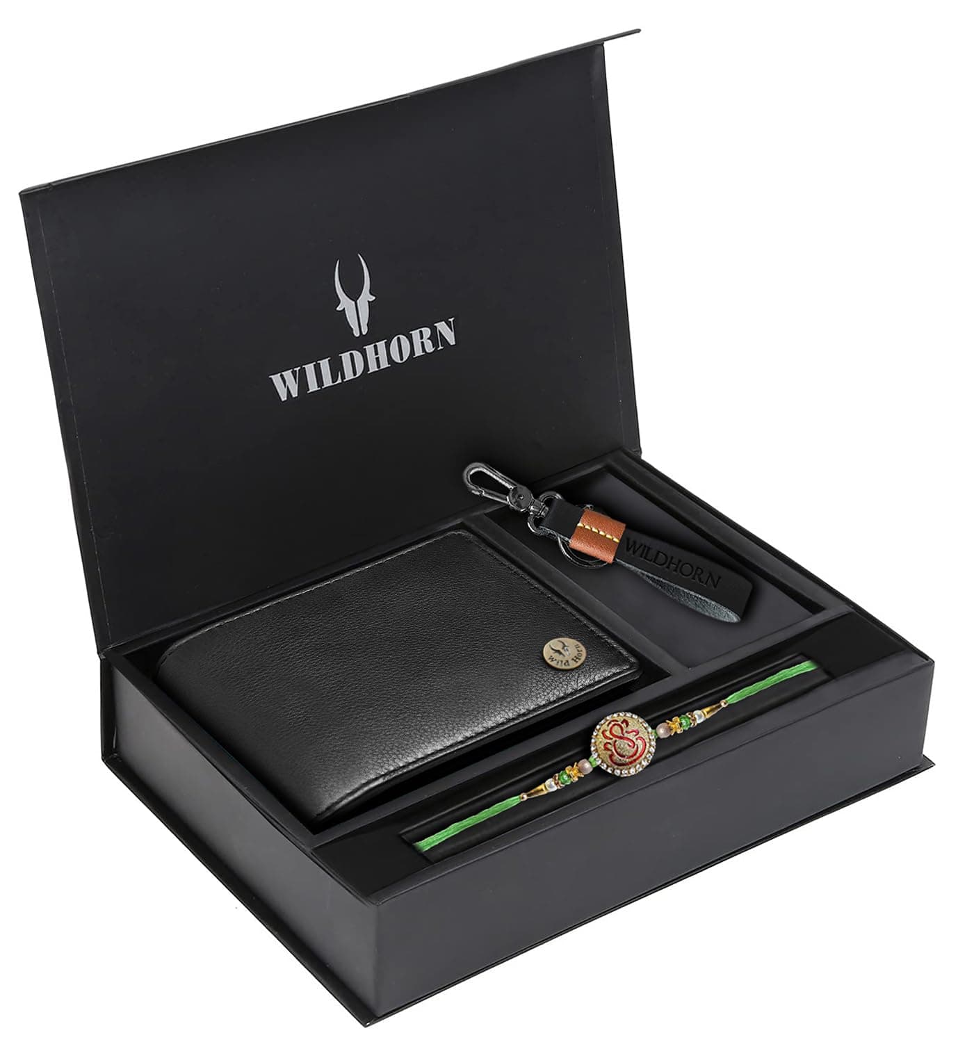 WildHorn Rakhi Gift Hamper For Brother - Classic Men's Combo/Gift Set Of Leather Wallet, Keyring And Rakhi For Brother/Bhaiya., Black