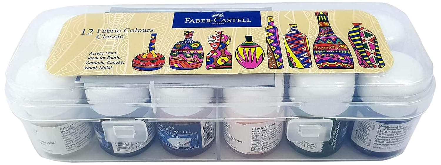 Faber-Castell Fabric Colours for Painting – 10ml x 12 Shades | Fabric Paint Set for Clothes, Bags, Cushions & More