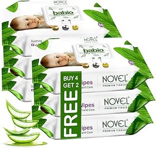 Novel Baby Wet Wipes 80 Wipes x Pack of 6 (480 Wipes) | Aloe Vera, Chamomile, Jojaba Oil, Vitamin E Enriched | pH Balanced, Alcohol, Hypoallergenic & Paraben-Free | Extra Thick & Moist wet | Anti Rash Soft Gentle Baby Wipes with Lid