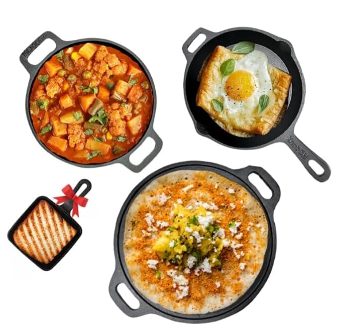 KNOBON 7 Layer Pre-Seasoned Cast Iron Cookware Set+ Free Mini Grill Pan| Dosa Tawa (30cm)+ Kadhai (2.5L) Fry Pan(1.7L) Kitchen Cooking Combo Pots & Pans Set| Black (30cm/26cm/25.5cm)