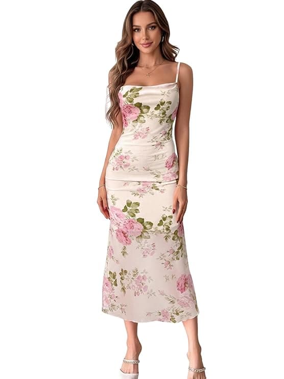 Womens Summer Dress 2026 Spring Mesh Sleeveless Bodycon Ruched Floral Holiday Maxi Long Dresses
