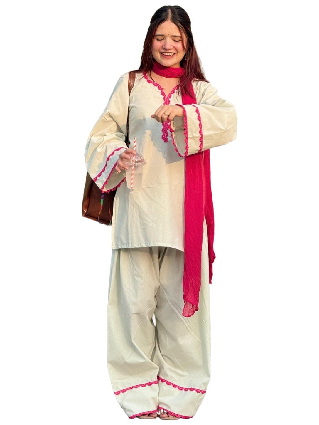 ANNI DESIGNER Women's Cora Cotton Solid Straight Kurta Set with Dupatta for Women (Taluni Cream_S_Cream_S)