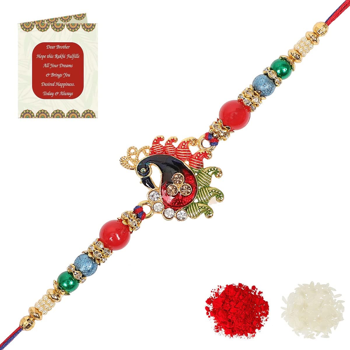 Riddhika Ventures Glorious Gold Plated Meenakari Peacock Rakhi with Roli Chawal and Greeting Card (K6)