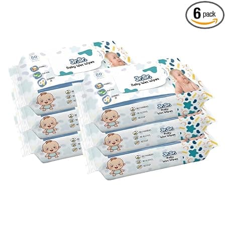 Jr. Sr. Baby Wipes | 80 Wipes x Pack of 6-480 Wipes | Safe & Moist Wet Wipes for Babies | Prevents Rashes & Redness with Goodness of Aloe Vera, Vitamin E & Chamomile Oil | No Paraben & No Alcohol