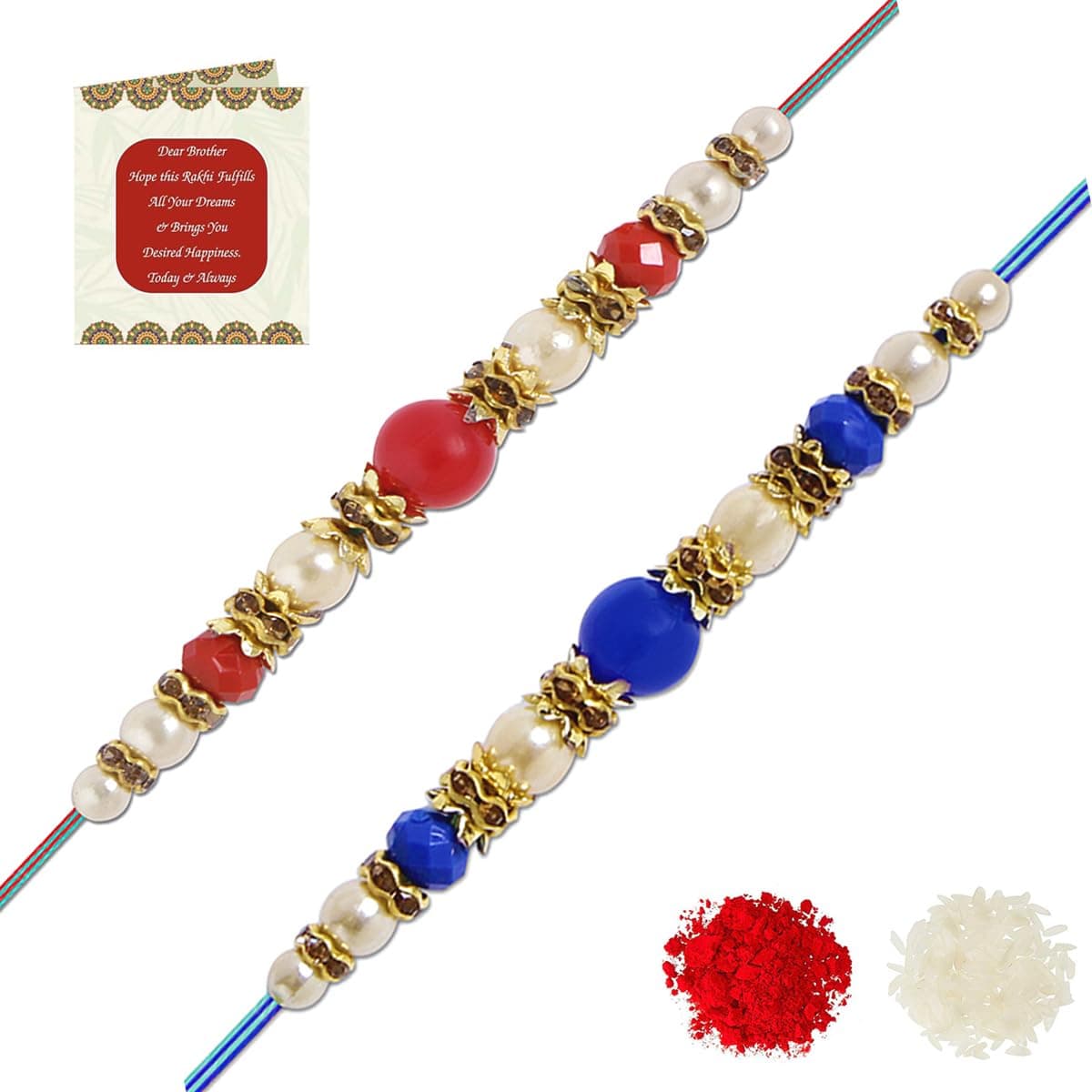 Riddhika Ventures Lavish Pearl and Diamond Ring Bhaiya Bhabhi Rakhi (Set of 2) with Roli Chawal & Greeting Card | Raksha Bandhan Special (P22P23)