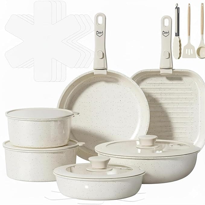 House of Quirk 20-Piece Cookware Set | Detachable Handle Nonstick Pots & Pans | Stackable Design | Induction & Oven Safe (Granite Beige)