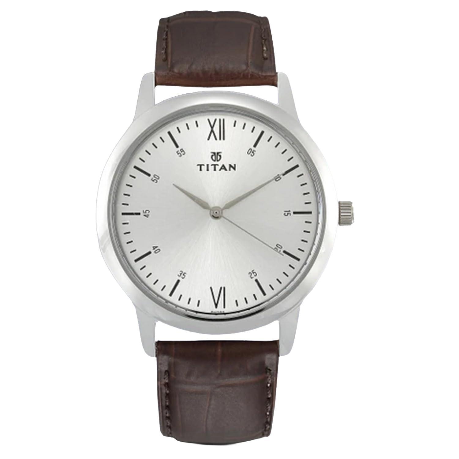Titan Plain 3 Hands Classique Silver White Round Dial Brown Colour Leather Strap Mens Watch - NP1771SL01