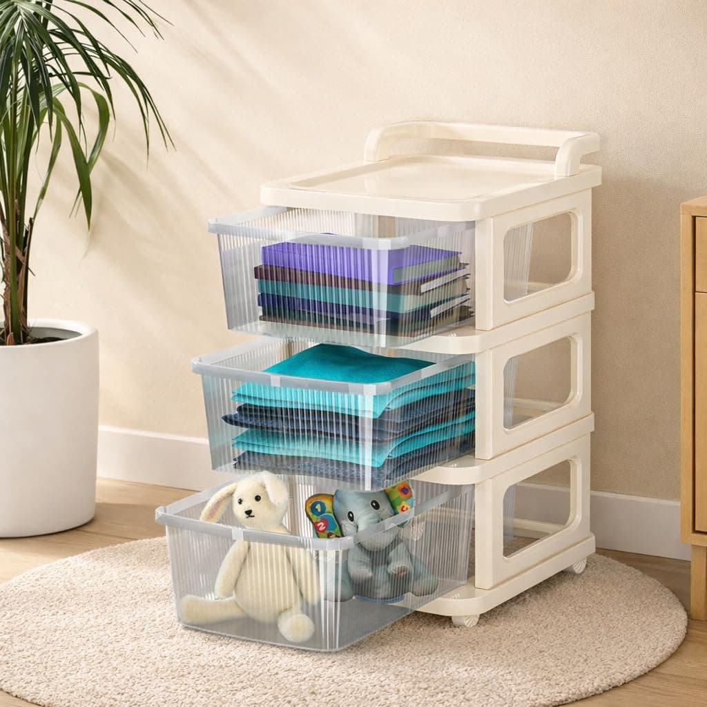 KITCHIVO™ Heavy Duty Plastic Storage Drawer with Wheels | Modular Cabinet for Bedroom, Office, Home or Classroom| Chest of Drawers Organiser for Cosmetics, Kitchen items, Toys (White, 3)