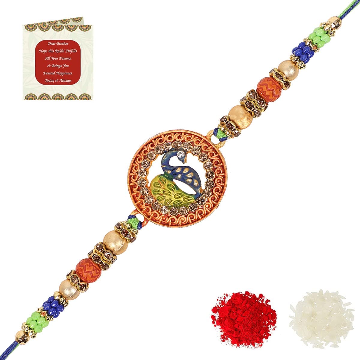 Riddhika Ventures Glorious Gold Plated Meenakari Peacock Rakhi with Roli Chawal and Greeting Card (K7)