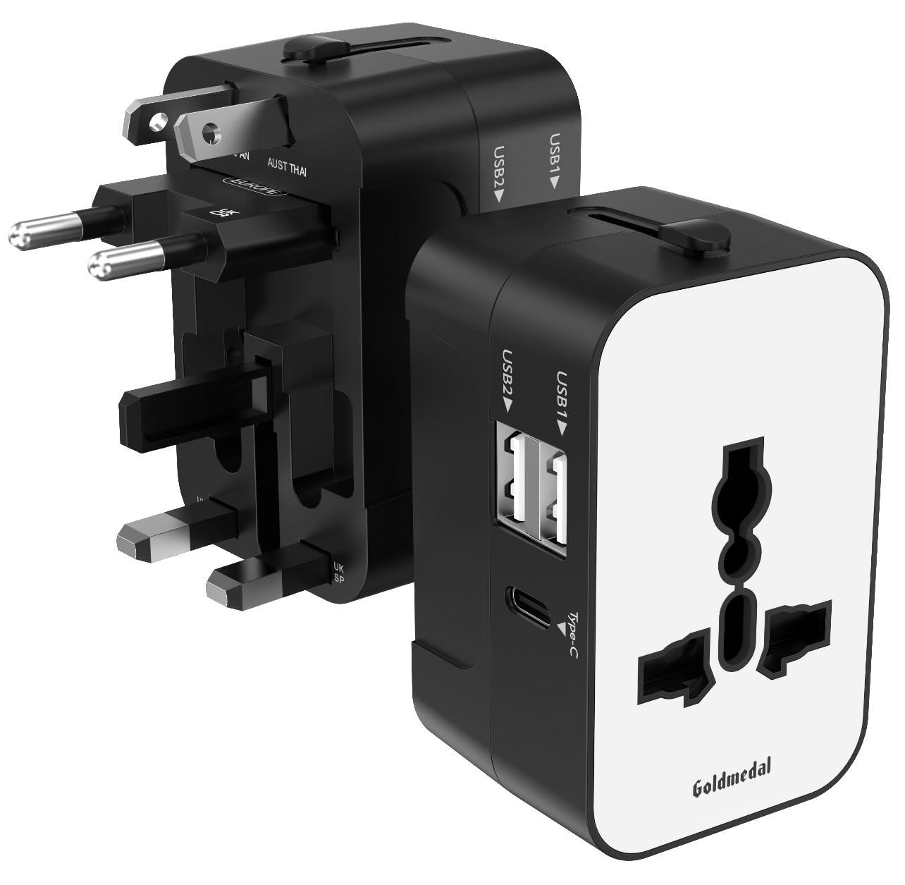 Goldmedal Bolt + Universal Travel Adaptor | 2 Type A & 1 Type C USB Ports for Quick Charging | Supports Variety of Plug Types| Perfect for International Travel - Black & White