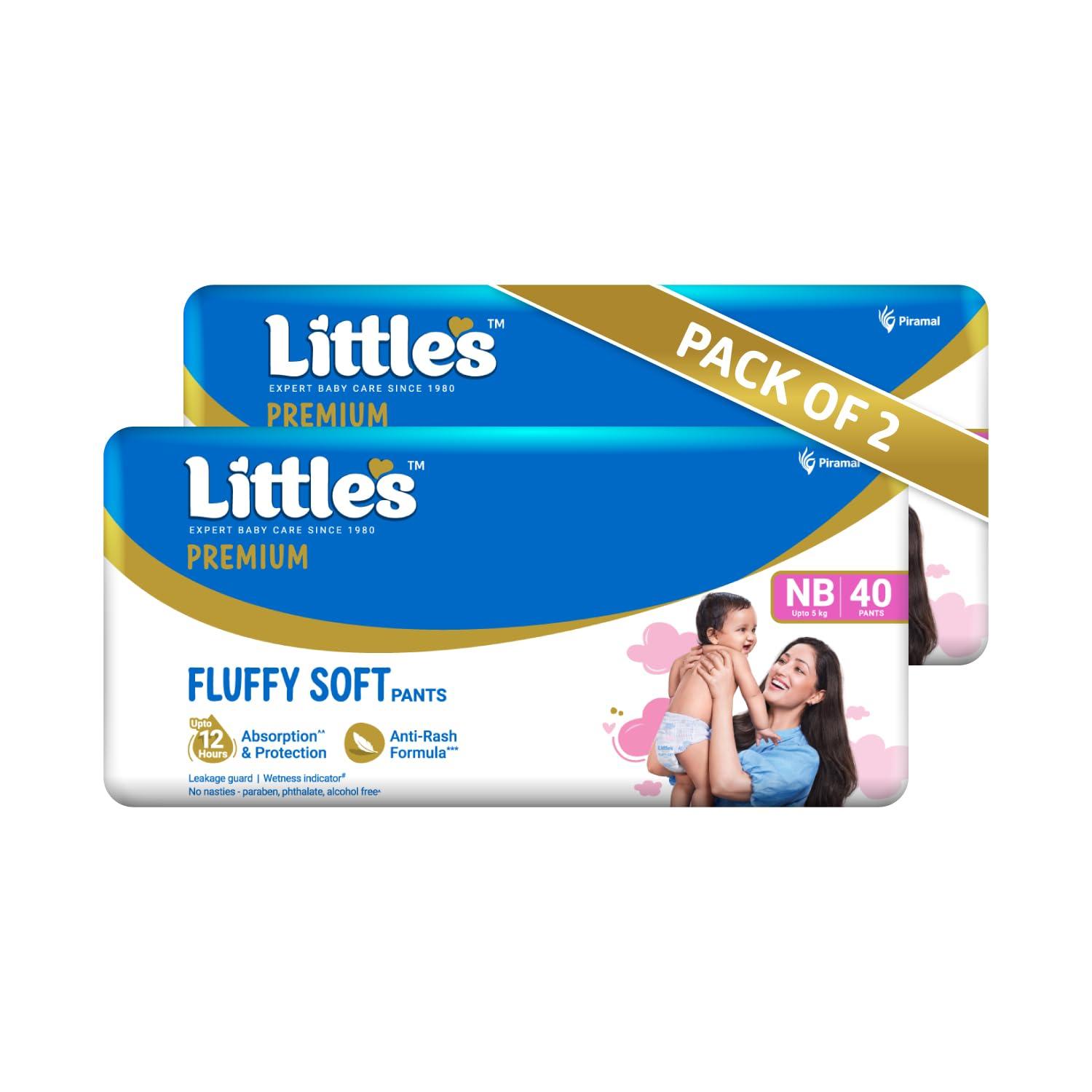 Little's Premium New Born Baby Diaper Pants Style (NB) | Upto 5 kg | 80 Count | FluffySoft Baby Diapers with Leakage Guard, Wetness Indicator & 12 Hours Absorption | (40 Count, Pack of 2)