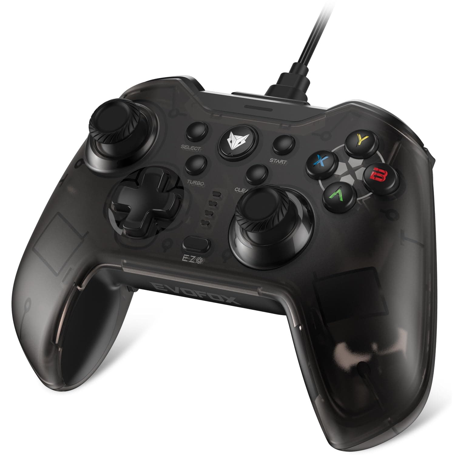 EvoFox Elite X Wired Gaming Controller for PC with 2 Programmable Macro Back Buttons, Adjustable Dual Vibration Motors,Turbo Mode,Analog Triggers, High Precision joysticks,Low Latency Plug and Play,Translucent Shell Controller for pc