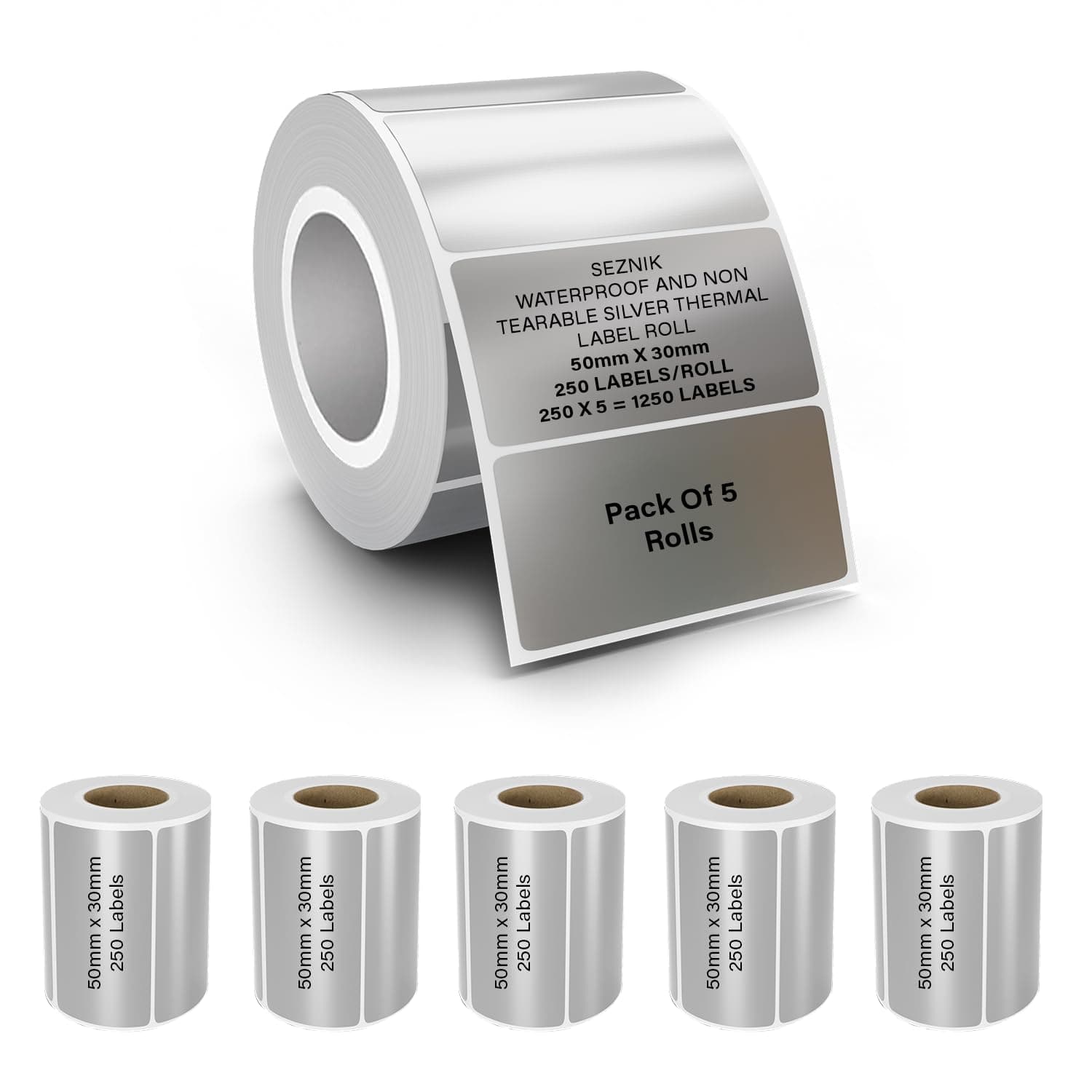 Seznik Silver Waterproof, Non-Tearable, Sticky Thermal Lables, Label Roll, 2 inch Adhesive Thermal Labels for Label Printers (50mmx30mm - 1250 Lables)