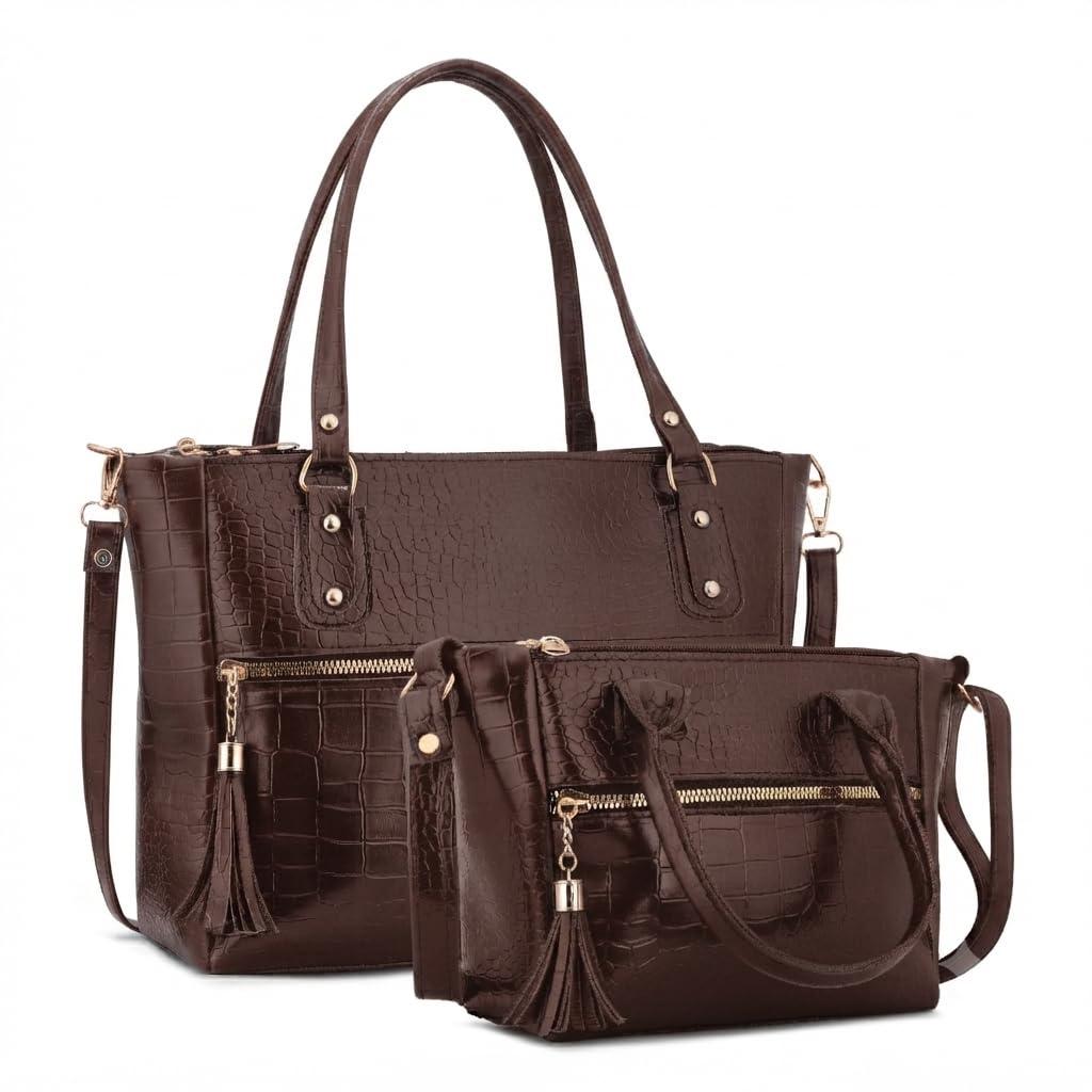 AVÉRAA Women Handbag Combo Set (Medium + Mini) Croco Texture Faux Leather (Dark Brown)