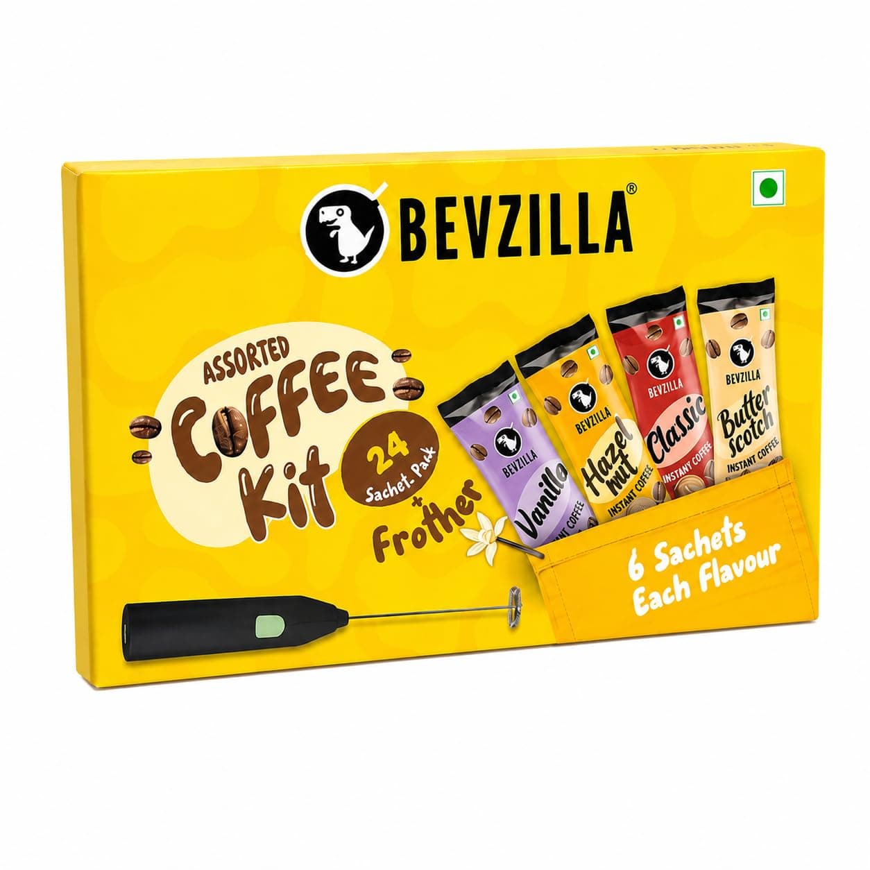 Bevzilla 24 Coffee Sachets & Frother | 2g Each Sachet | 6 Pouches Each Flavour | Cafe Coffee Kit | Classic, Hazelnut, Vanilla & Butterscotch Flavors | Arabica Beans | Enjoy Hot & Cold | 48g