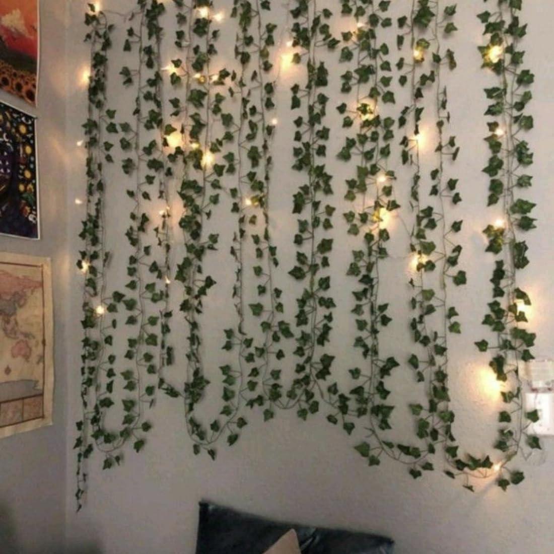 SSM DECORATORS Ganpati Decoration Artificial Green Maple Leaf Vines with Warm Fairy LED Lights for Mandap, Backdrop, Pooja Room, Bedroom Wall & Festival Home Decor Set