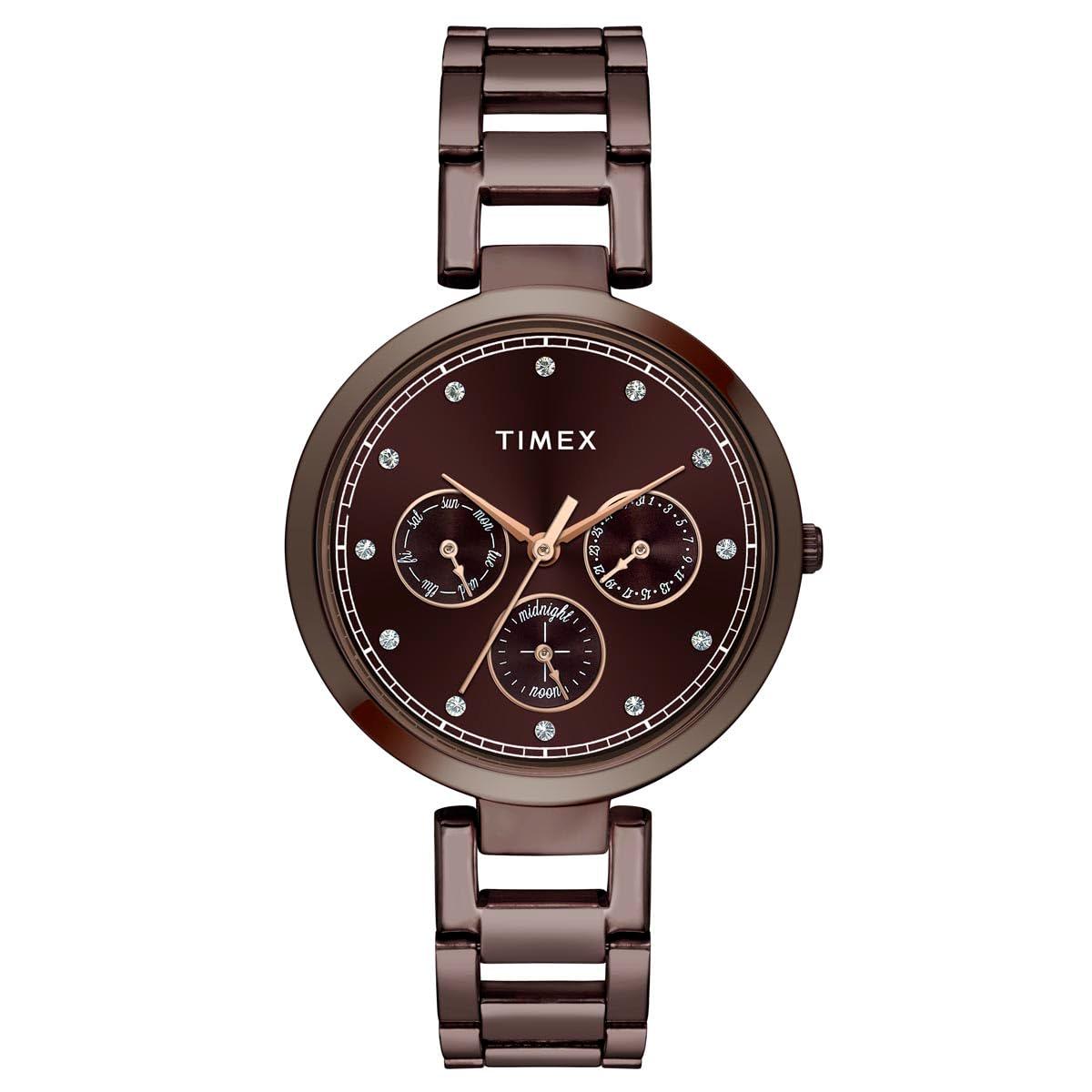 TIMEX Analog Watch for Women with Brown Round Dial & Brown Stainless Steel Bracelet Band Water Resistant Women's Wrist Watches - TW000X267