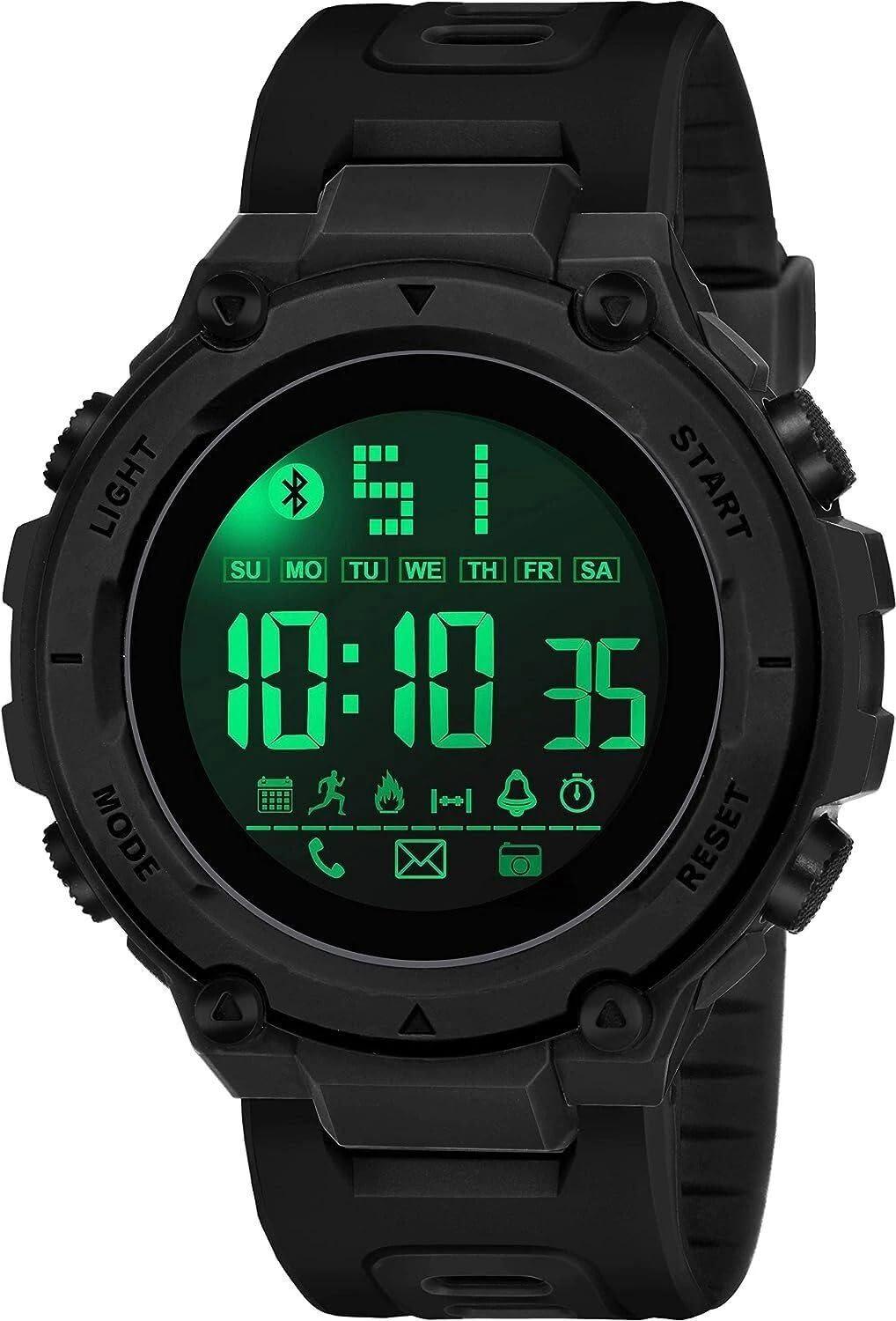 Luxurit Men’s Digital Sports Watch with Green LED Display Waterproof Outdoor Watch Alarm, Stopwatch, Backlight Shockproof Military Style Watch with Silicone Strap for Men & Boys (Black)