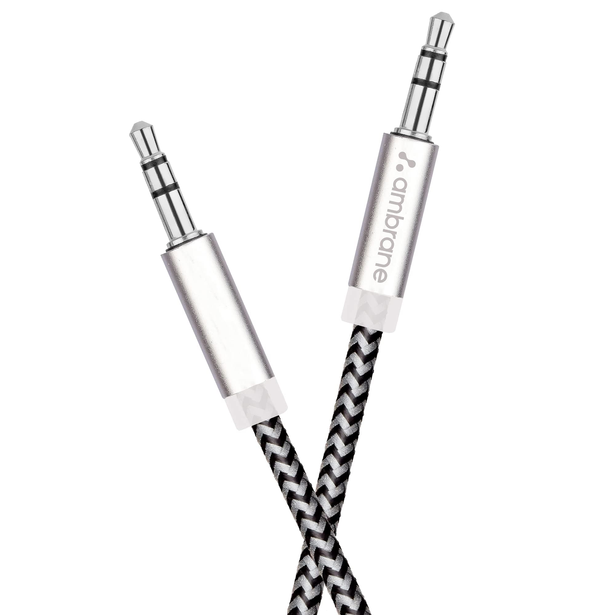 A Ambrane 3.5mm Male to male Stereo AUX Cable Audio Cable, Compatible for Smartphones Tablets, Headphone, Car, Home Stereos, Speakers 1.5 Meter (5 Feet) - (ABCAX-10, Black & Grey)