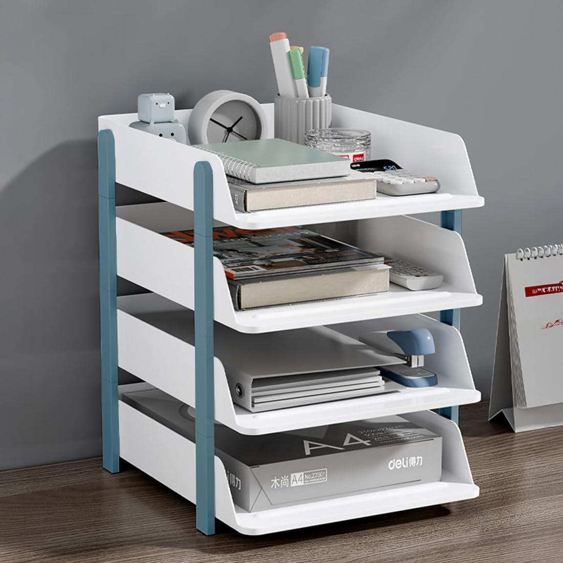 Cortina 4-Tier File Organizer, Premium Polystyrene Desk Rack, Foldable Document Holder with Dividers - Space-Saving Office & Home Paper Storage, Cloth organiser (Blue)