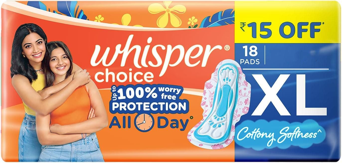 Whisper Choice Sanitary Pads with Wings for Women, XL, 18 Napkins (Pack of 1)