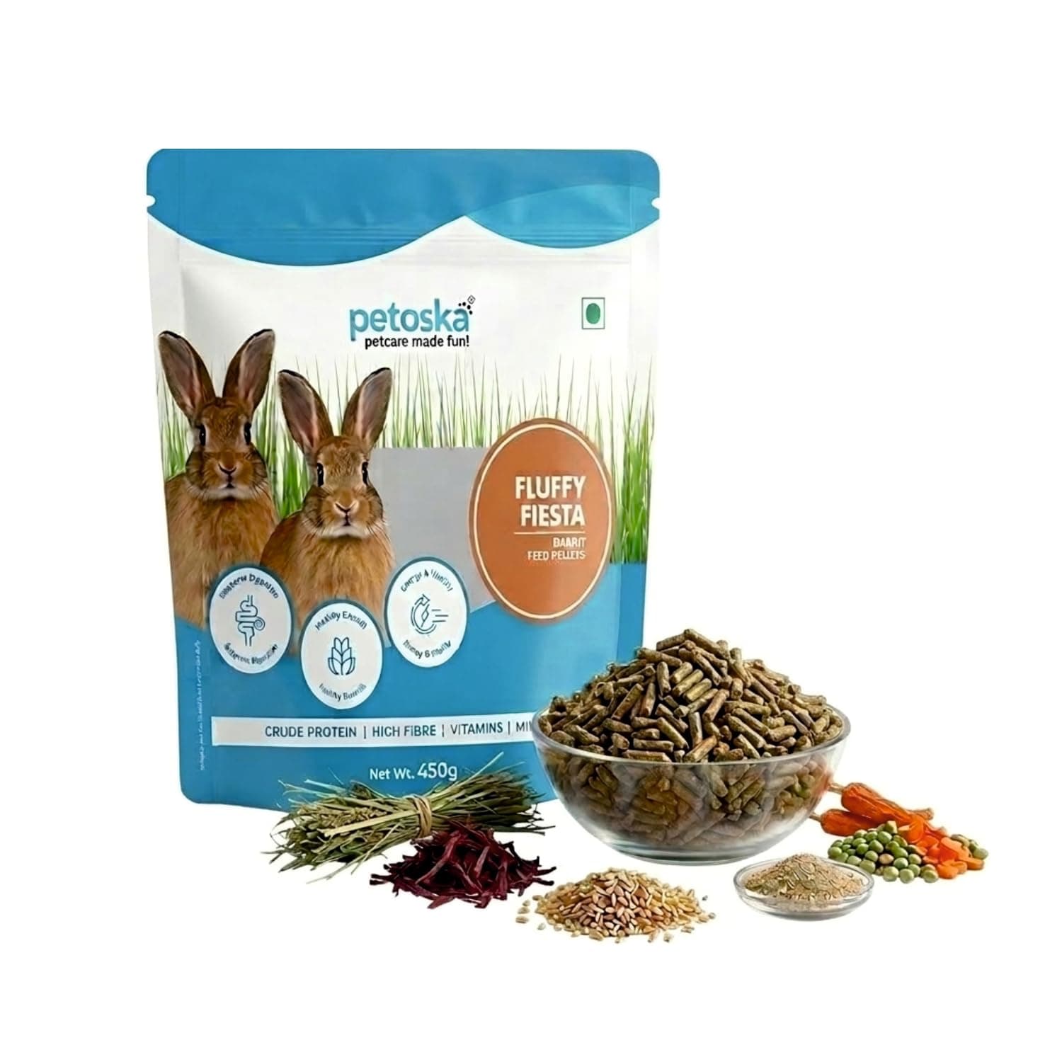 Petoska Fluffy Fiesta Rabbit Food Pellets -450g | Nutrient-Rich Diet for Rabbits | Supports Digestive Health, Strong Bones & Vitality | High Fibre, Protein & Vitamins