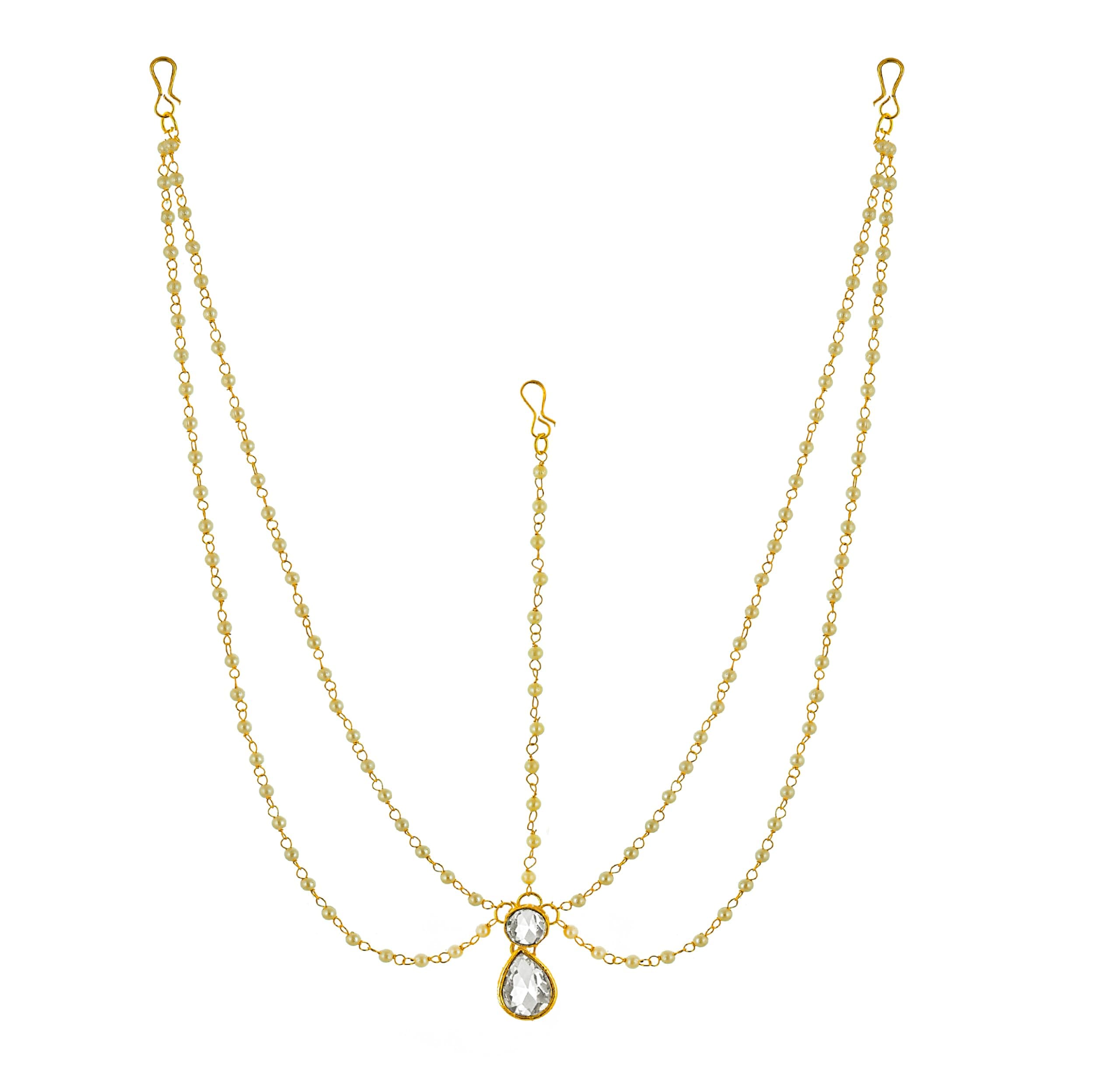Handicraft Kottage Latest Hair Jewelry Traditional Gold Pearl Stylish Chain Mathapatti Maang Tikka Jewellery Set for Women & Girls (HK-Maang Tikka 01)