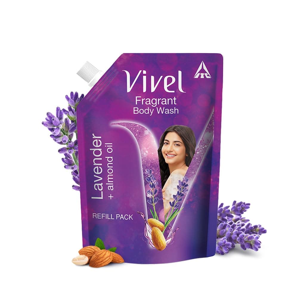 Vivel Fragrant Body Wash, Lavender & Almond Oil Shower Gel, 350 ml Supersaver Refill Pouch, Moisturizing Bodywash, Soft & Smooth Skin, Effective Cleansing, For Women & Men
