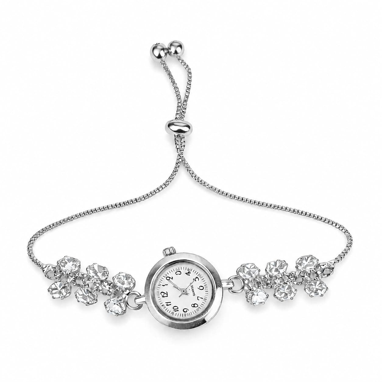 NIKYARA GLOW Crystal Floral Bracelet Watch for Women & Girls | Adjustable Chain Strap Analog Wrist Watch | Fashion Jewelry Watch (Silver)