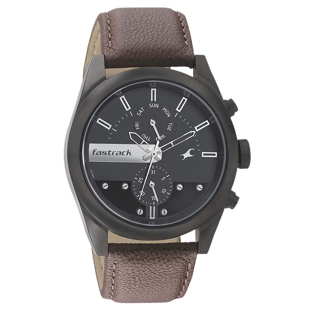 Fastrack Men All Nighters Quartz Multifunction Black Dial Brown Leather Strap Watch for Guys - NT3165NL01