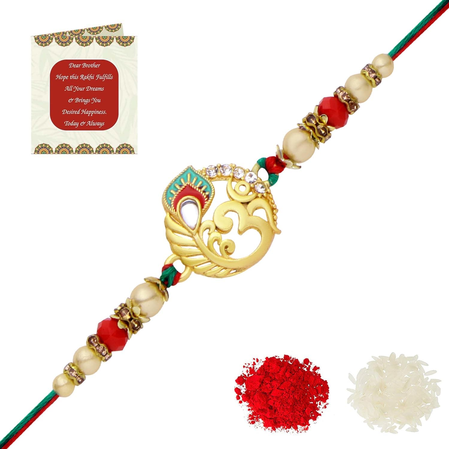 Riddhika Ventures Alluring Gold Plated Om and Pearl Rakhi with Roli Chawal & Greeting Card for Men (P9)