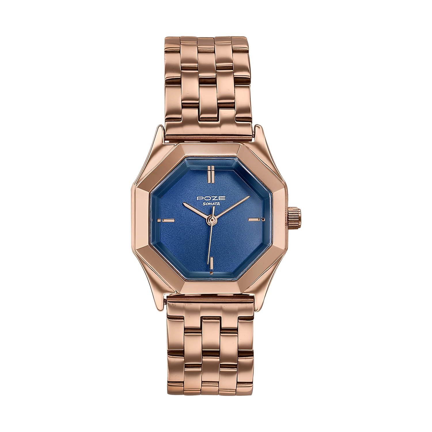 Sonata Poze 8 Quartz Analog with Blue Dial IP Rose Gold Stainless Steel Strap Watch for Women - SP80169WM01W