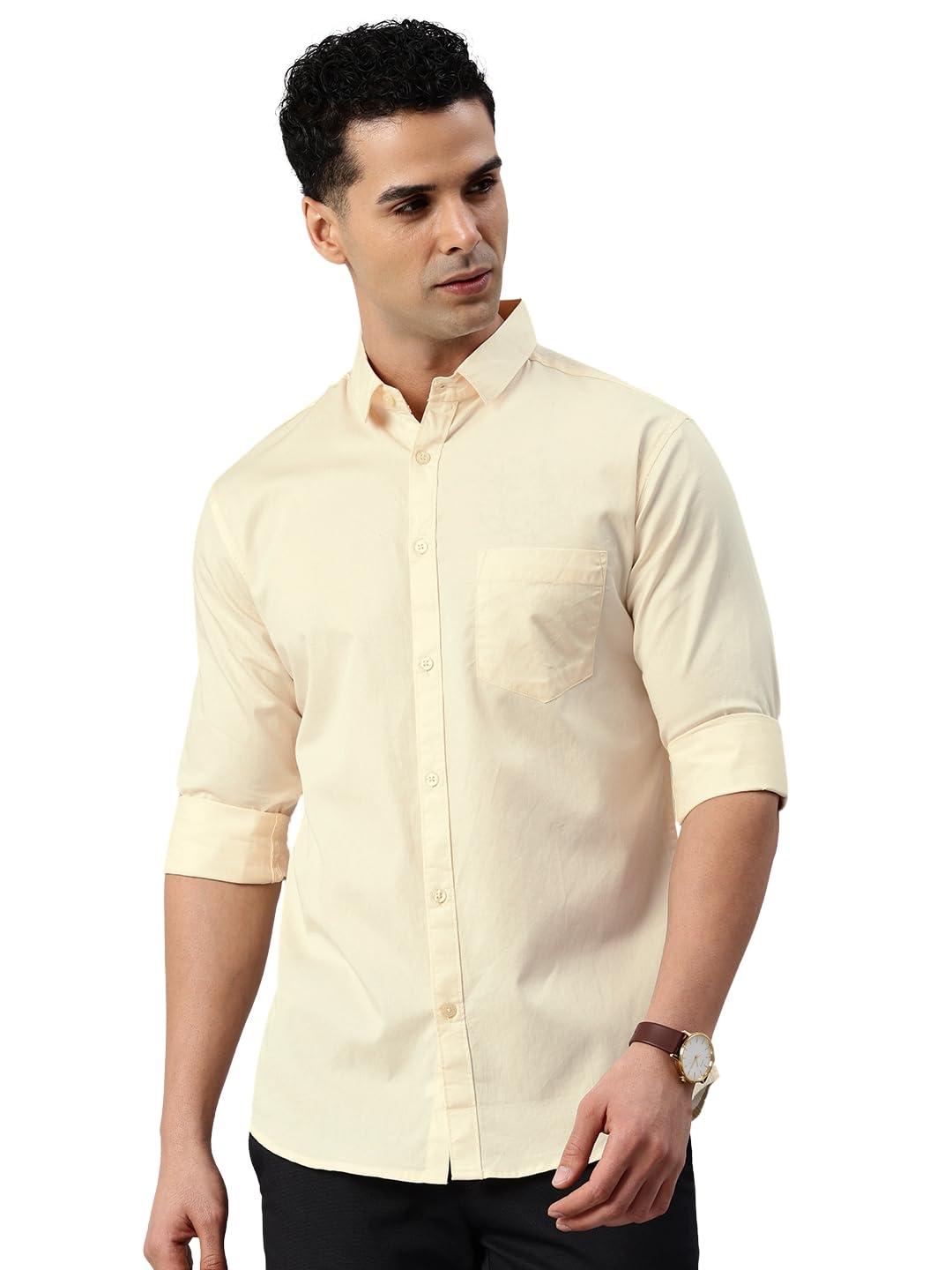 Majestic Man Pure Cotton Solid Slim Fit Casual Shirt (Cream,Medium)