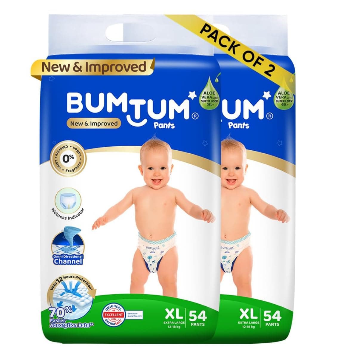 Bumtum Baby Diaper Pants, XL Size, 108 Count, Double Layer Leakage Protection Infused With Aloe Vera, Cottony Soft High Absorb Technology (Pack of 2)