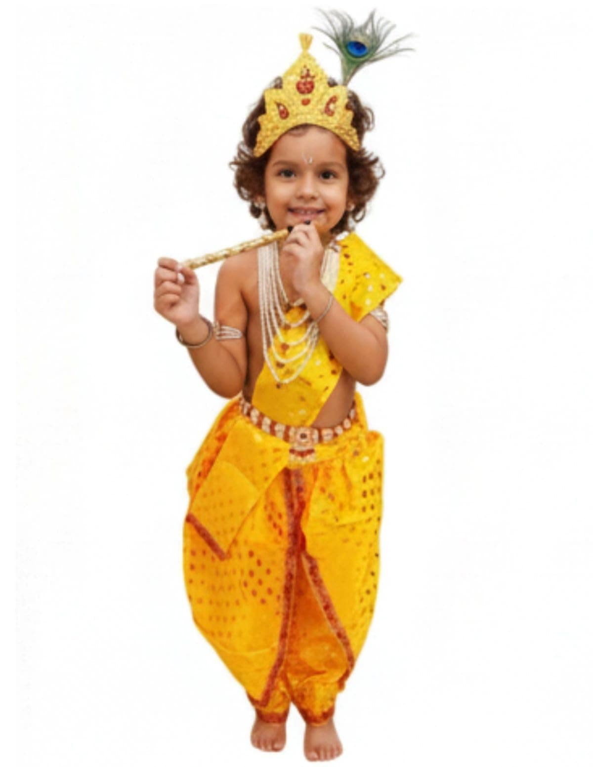 BookMyCostume Krishna Yellow Polka Dot Costume Dhoti Patka with Heavy Pearl Jewellery and Mukut Set - Janmashtami Dress Costume for Baby Kanha - Boys & Girls 4-5 Years