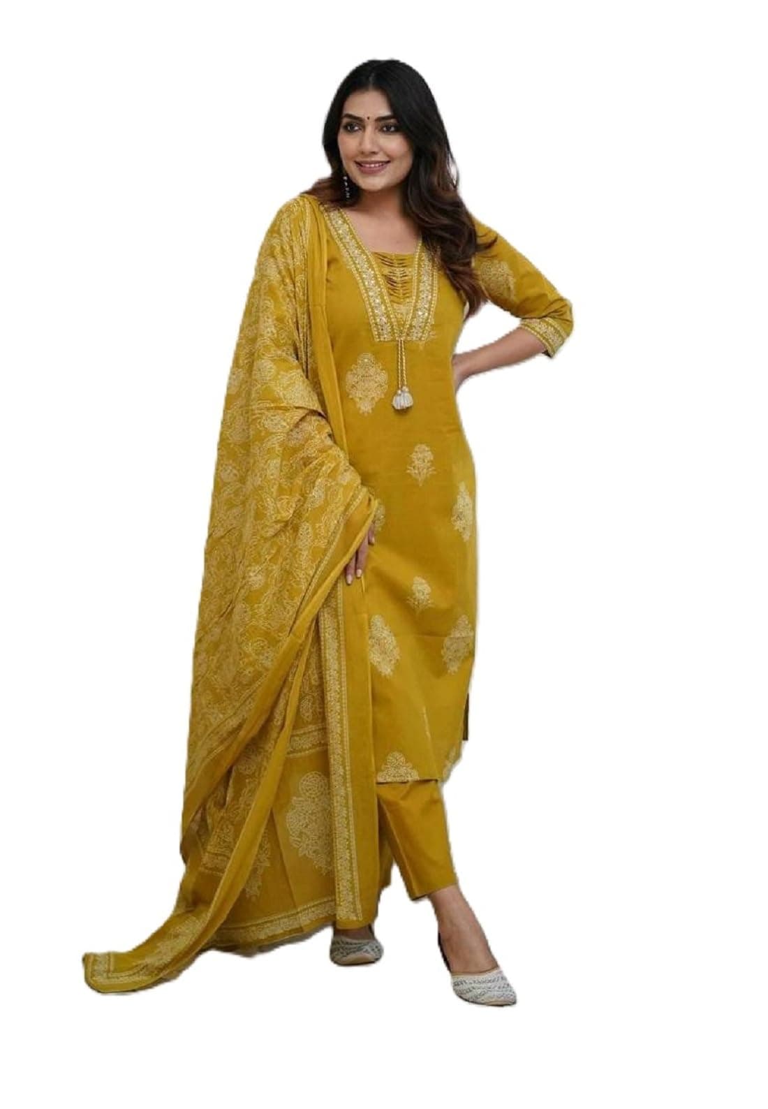 PARTHVI Women's Pure Cotton Printed Ethnic Set with Handwork Kurta with Pants and Dupatta, Wedding Suit Set (P-1079-Yellow-XL)