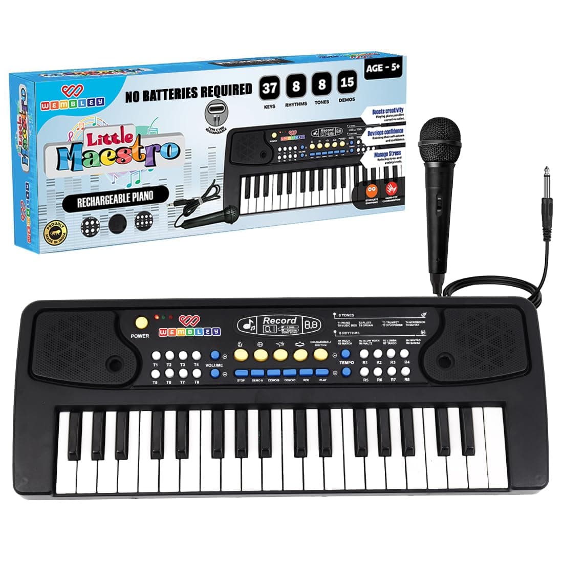 Wembley Kids Piano with Mic - Rechargeable & Portable Electronic Keyboard Musical Toy for Beginners Boys & Girls Ages 3-9 Years with Recording, 37 Keys, 8 Rhythms, 8 Tones, 6 Demos Function - Black