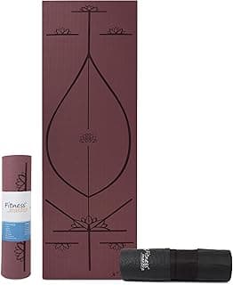 Fitness Mantra® TPE 6mm Body Alignment Lines Yoga Mat with Cover Bag for Gym Workout and Yoga Exercise for Men & Women Fitness| 1 Piece| 6mm| 24"x72"| Alignment Lines | Wine Color|