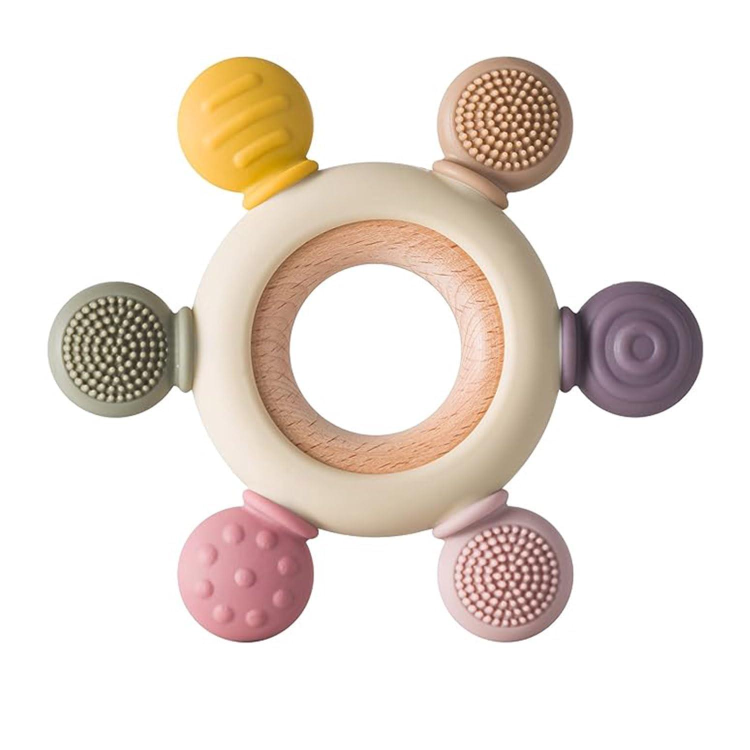 KLIMET Silicone & Wooden Baby Teether for 0-12 Months | Food Grade Silicone Teething Toy | Soft & Safe Gum Relief | BPA Free Chew Toy for Infants 3-6, 6-12 Months | Teething Toys for Babies | Round Shape (Round Ring)