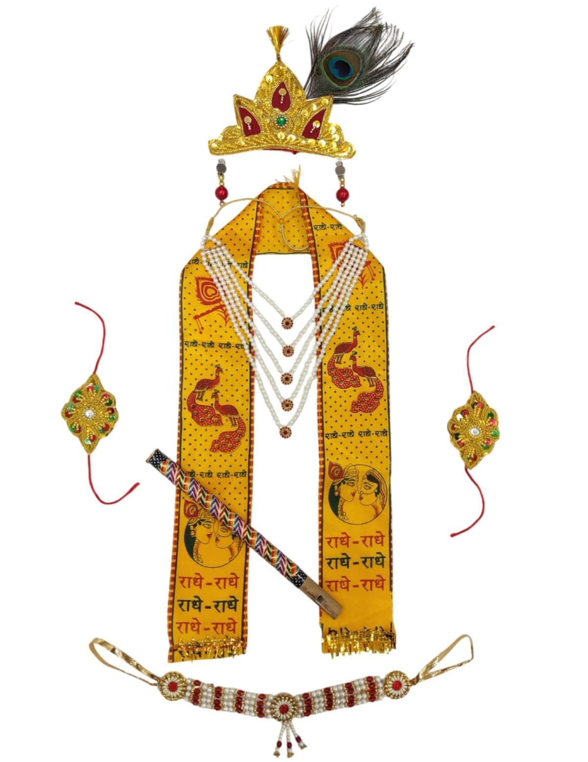 BookMyCostume Wood Krishna Jewellery For Kids 8-Pcs Complete|Janmashtami Photoshoot Props|Krishna Dress For Kids|Jewellery Accessory For Krishna Costume For Baby Boy|Dress Accessories – 0-7 Yrs